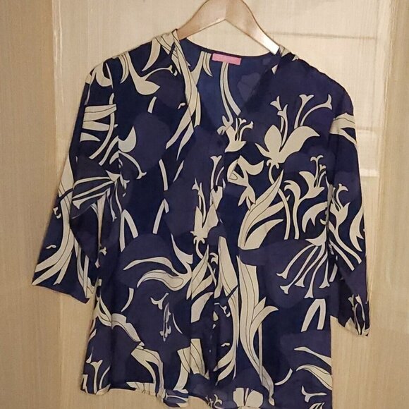 Isaac Mizrahi New York Purple Blue Floral Silky Blouse Large - Picture 1 of 7